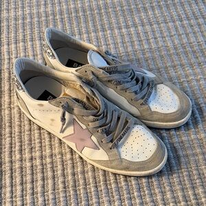 Golden Goose White Sneakers with Pink Star and Gray Accents